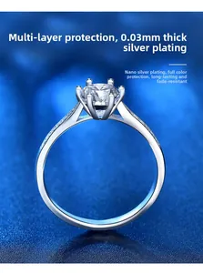 Macro shot of 925 sterling silver six-prong moissanite ring with micro-pave diamonds