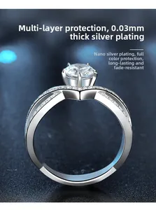 Detail of V-shaped S925 silver ring with 4-prong moissanite and nano-polished plating