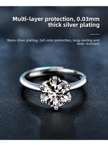 Detail of 1ct Moissanite ring with 0.03mm nano-silver plating for long-lasting shine
