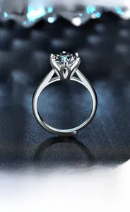 Macro shot of 925 silver six-prong moissanite ring with adjustable open band detail
