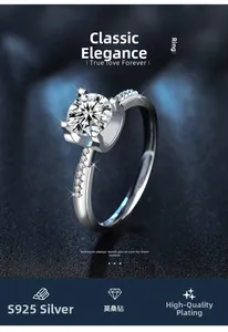 Close-up of S925 sterling silver moissanite ring with classic four-prong setting