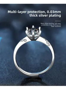 Dettaglio anello moissanite 2 carati con montatura a sei griffe e placcatura argento 0,03mm