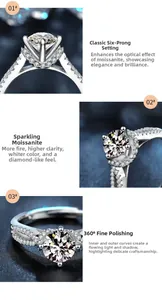 Dettaglio macro dell'anello moissanite a sei griffe con diamanti laterali e finitura argento