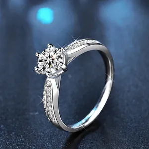 925 Sterling Silver Moissanite Ring One Carat D Color Six-Prong Engagement Wedding Ring Silver Band For Women Fine Jewelry