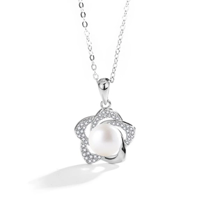 Collier en argent S925 avec pendentif fleur en moissanite et perle d'eau douce