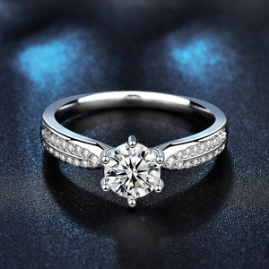 Elegant S925 silver six-prong moissanite ring with micro-pave side stones on blue background