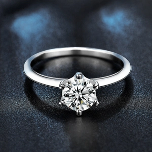 Classic 925 sterling silver six-prong solitaire ring with a round moissanite gemstone