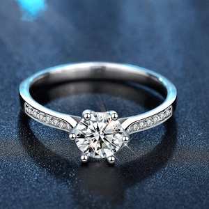 Elegant 925 sterling silver crown ring with six-prong Moissanite and side diamond accents