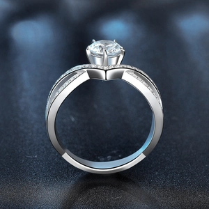 925 silver moissanite ring featuring a six-prong crown setting and double-band accents