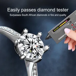 Classic 925 sterling silver crown six-prong moissanite ring being tested with diamond pen