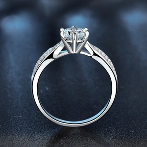 Classic 925 sterling silver six-prong moissanite ring with side-set accent stones