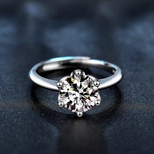 Adjustable 925 sterling silver moissanite ring with classic six-prong crown setting
