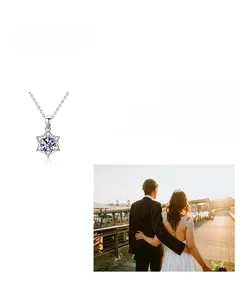 Macro detail of S925 silver snowflake pendant with moissanite stone on a delicate chain
