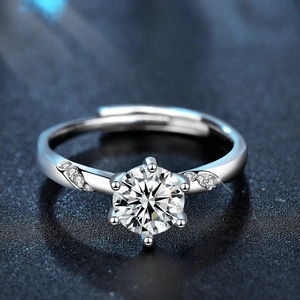 Klassischer 925 Silber Moissanit-Ring mit Sechs-Krallen-Fassung und verstellbarem Band