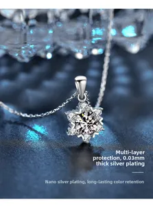 Macro detail of snowflake pendant featuring S925 silver plating and moissanite center stone