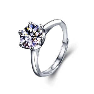 Classic six-prong 925 silver moissanite ring with adjustable open band on white background