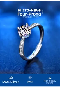 Detailed close-up of Moissanite ring featuring a 4-prong setting and pavé side stones
