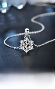 Macro detail of snowflake pendant featuring a brilliant moissanite and S925 sterling silver