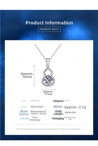 Detailed size specifications for 925 sterling silver gourd necklace with moissanite diamond