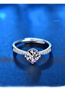Close-up of a s925 silver moissanite ring with six-prong setting and side accents