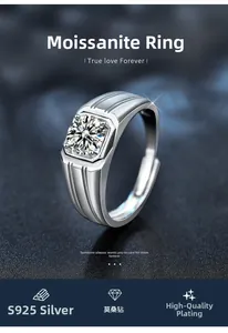 Macro shot of men's S925 silver moissanite ring with square cut stone and side grooves