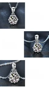 Détail macro du pendentif moissanite avec serti classique à quatre griffes et argent 925