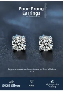 Detail of round moissanite stud earrings in four-prong S925 sterling silver setting
