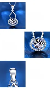 Macro detail of moissanite gourd pendant with four-prong setting and silver finish