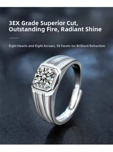 Detail of square-cut moissanite ring with 3EX 58 facets and 8 hearts and arrows craft