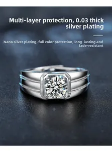 Detailed macro view of silver moissanite ring with thick grooved band on black leather