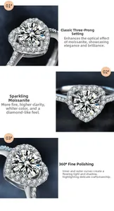 Macro detail of heart-shaped moissanite ring with three-prong setting and polished band