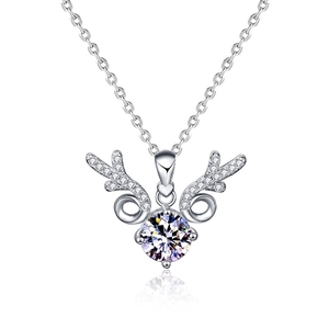 925 Sterling silver reindeer necklace with sparkling moissanite pendant on white background