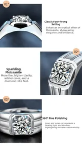 Macro detail of square cut moissanite stone in four-prong 925 silver ring setting