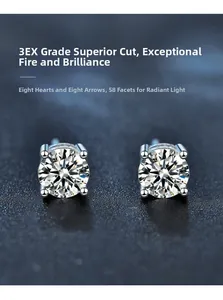 Detail of 3EX cut moissanite stud earrings featuring 58 facets and 8 hearts and arrows