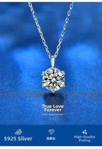 Macro shot of S925 silver moissanite necklace with classic six-prong setting and high polish