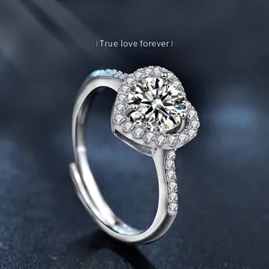 925 Sterling Silver Moissanite Heart Halo Ring For Women Adjustable Opening Engagement Wedding Ring Anniversary Fine Jewelry