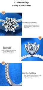 Détail macro d'une bague moissanite avec serti à six griffes et finition argent S925 poli
