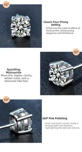 Detailed views of moissanite silver stud earrings with classic four-prong setting