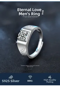 Detailed view of S925 sterling silver men's ring featuring sparkling moissanite stone