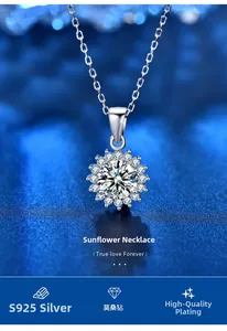 Macro shot of S925 silver sunflower pendant featuring a sparkling moissanite center stone