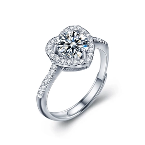 Sparkling Moissanite heart shaped 925 sterling silver open ring with halo diamond setting