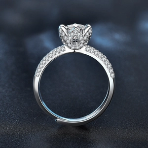 Adjustable 925 sterling silver ring with six-prong lotus setting and moissanite stone