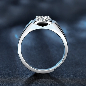 Moissanite 925 silver ring for men with round center stone and adjustable open band