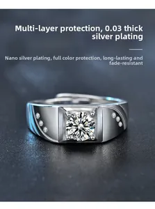 Detailed macro view of 925 sterling silver men's ring featuring a solitaire moissanite stone