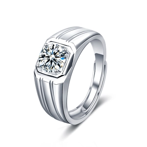 Adjustable 925 silver moissanite men's ring with a classic square bezel setting