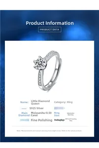 Detailed product data sheet for a 925 silver moissanite ring with six-prong setting