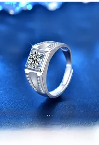 Macro shot of S925 silver ring featuring a large square moissanite with sparkling side stones