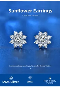 Macro view of sunflower sterling silver earrings with moissanite on blue satin
