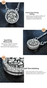 Détail macro du pendentif halo en moissanite avec serti à quatre griffes en argent poli