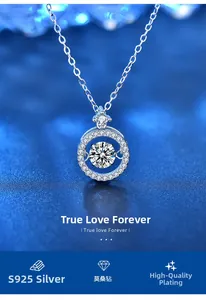 Macro shot of S925 silver heart necklace with moissanite center in a moving setting